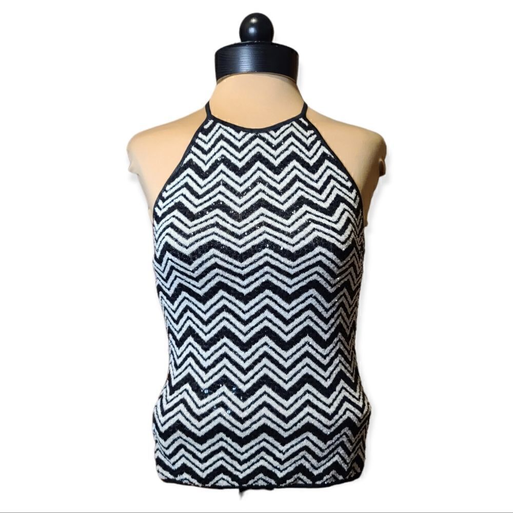 Laundry Shelli Segal Black and White Sequined Halter Top Medium